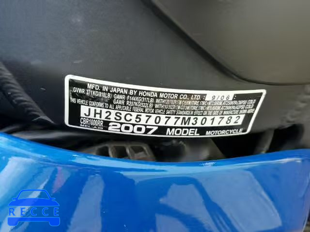 2007 HONDA CBR1000 JH2SC57077M301782 image 9