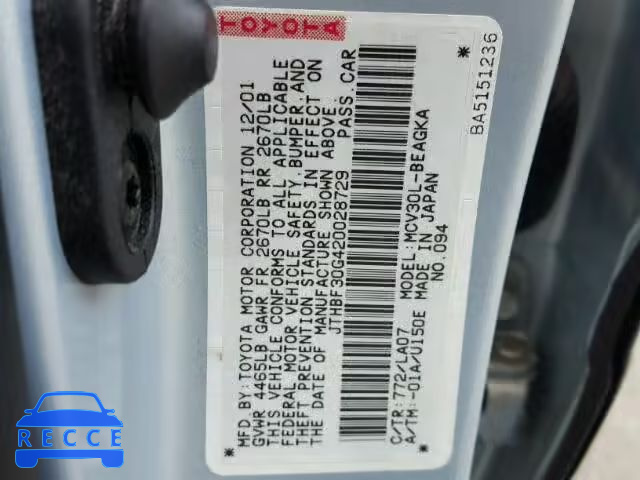 2002 LEXUS ES300 JTHBF30G420028729 image 9