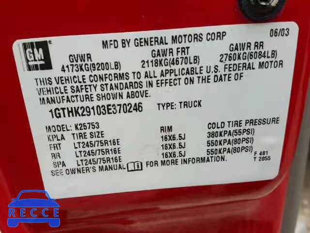 2003 GMC SIERRA 1GTHK29103E370246 image 9