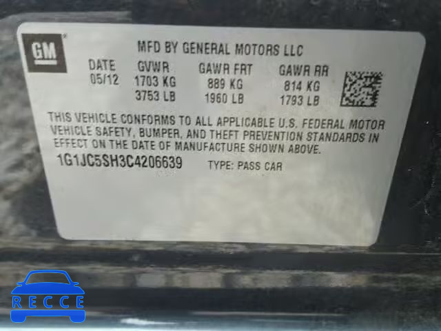 2012 CHEVROLET SONIC 1G1JC5SH3C4206639 image 9