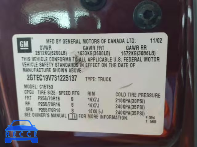 2003 GMC NEW SIERRA 2GTEC19V731225137 image 9