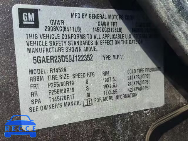 2009 BUICK ENCLAVE 5GAER23D59J122352 image 9