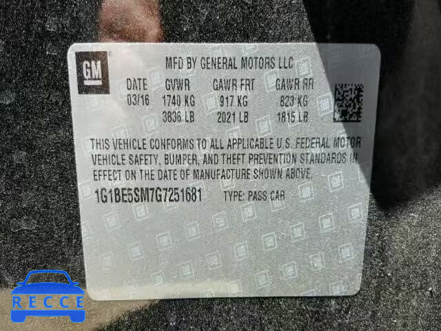 2016 CHEVROLET CRUZE 1G1BE5SM7G7251681 image 9
