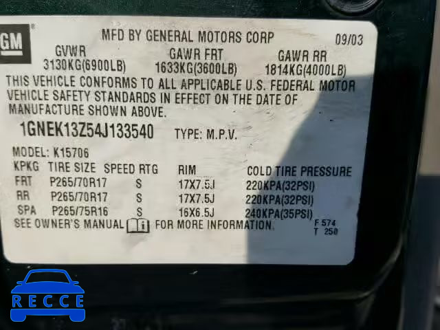 2004 CHEVROLET TAHOE 1GNEK13Z54J133540 image 9