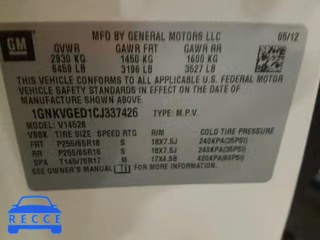 2012 CHEVROLET TRAVERSE 1GNKVGED1CJ337426 image 9