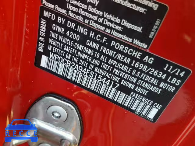 2015 PORSCHE 911 CARRER WP0CB2A94FS154417 зображення 9