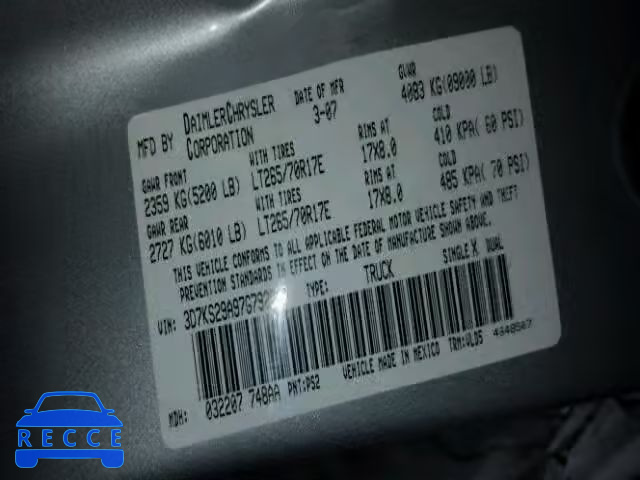 2007 DODGE RAM 2500 3D7KS29A97G792607 зображення 9
