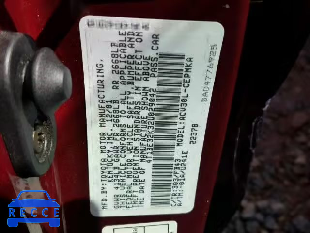 2002 TOYOTA CAMRY 4T1BE32K32U029042 image 9
