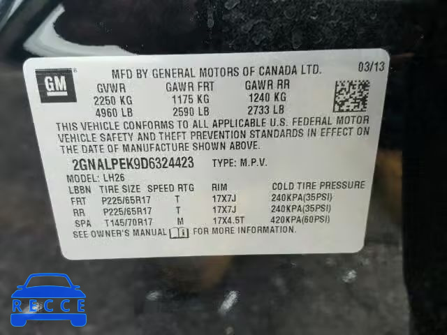 2013 CHEVROLET EQUINOX 2GNALPEK9D6324423 зображення 9