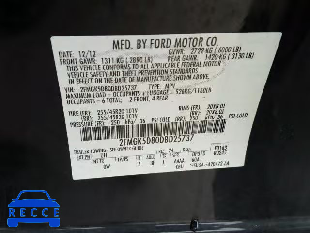 2013 FORD FLEX LIMIT 2FMGK5D80DBD25737 зображення 9