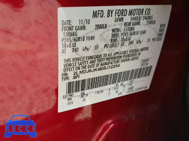 2011 LINCOLN MKX 2LMDJ6JK4BBJ12254 Bild 9