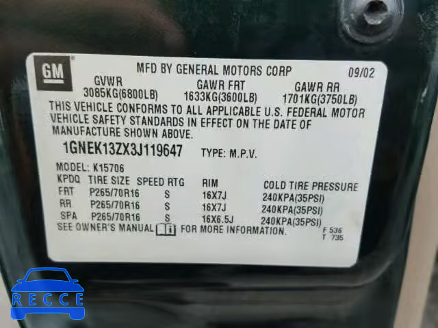 2003 CHEVROLET TAHOE 1GNEK13ZX3J119647 image 9