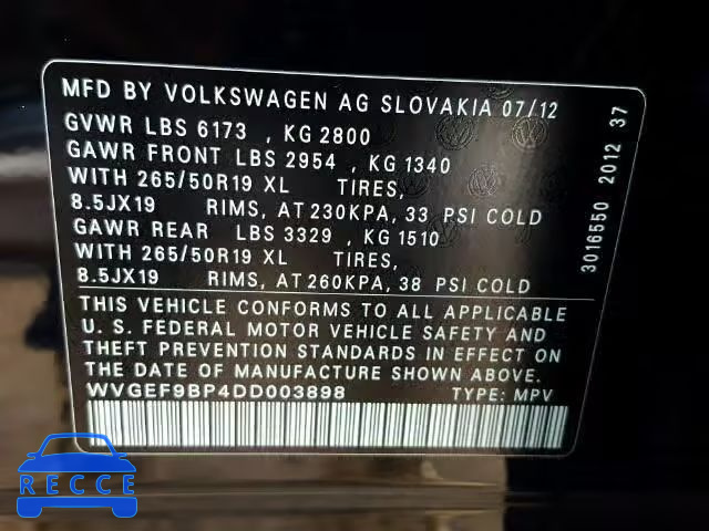 2013 VOLKSWAGEN TOUAREG V6 WVGEF9BP4DD003898 зображення 9