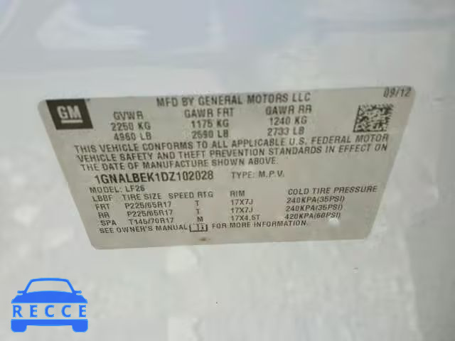 2013 CHEVROLET EQUINOX 1GNALBEK1DZ102028 image 9