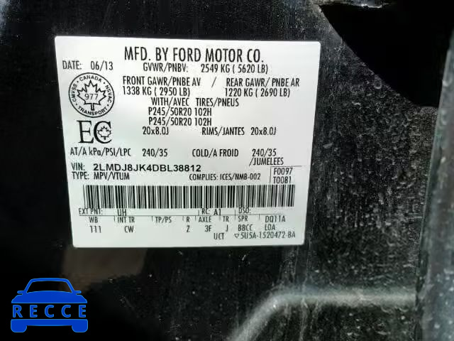 2013 LINCOLN MKX 2LMDJ8JK4DBL38812 зображення 9