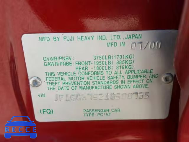 2001 SUBARU IMPREZA JF1GC67521G500735 image 9
