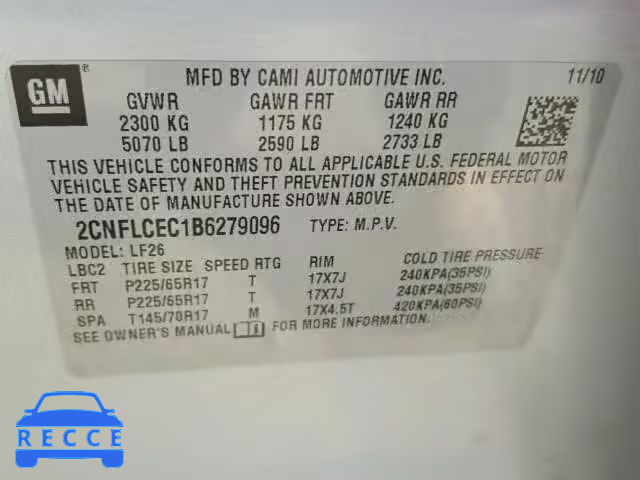 2011 CHEVROLET EQUINOX 2CNFLCEC1B6279096 image 9