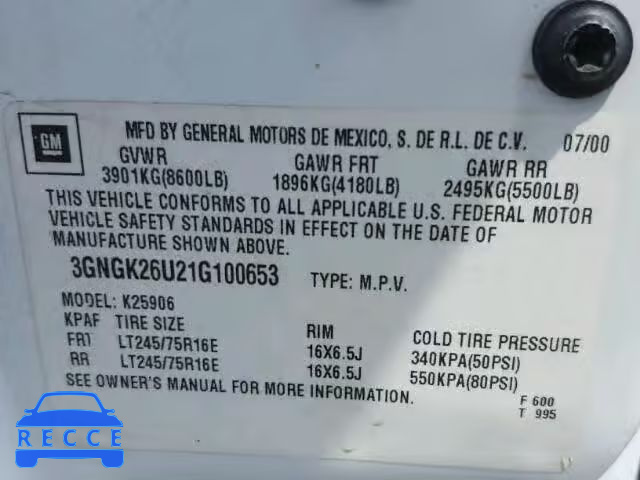 2001 CHEVROLET SUBURBAN 3GNGK26U21G100653 image 9