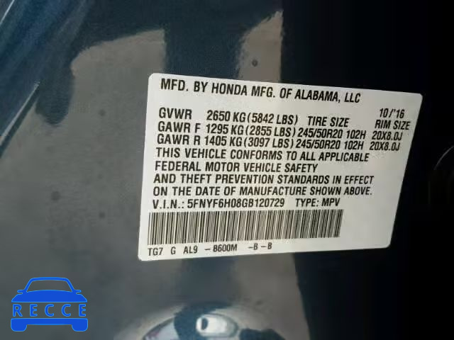 2016 HONDA PILOT ELIT 5FNYF6H08GB120729 image 9