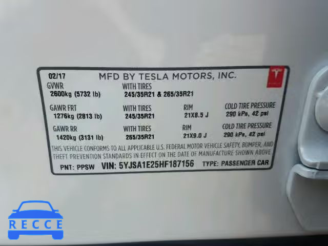 2017 TESLA MODEL S 5YJSA1E25HF187156 image 9