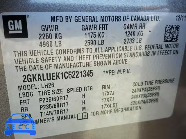 2012 GMC TERRAIN 2GKALUEK1C6221345 Bild 9