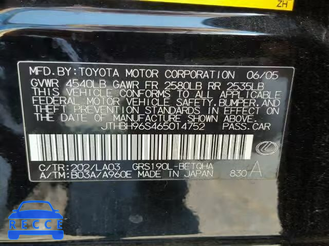 2006 LEXUS GS GENERAT JTHBH96S465014752 Bild 9