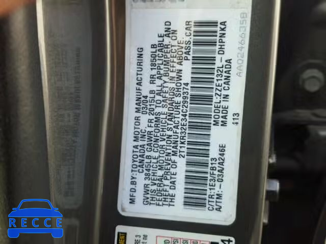 2004 TOYOTA COROLLA MA 2T1KR32E34C299374 image 9