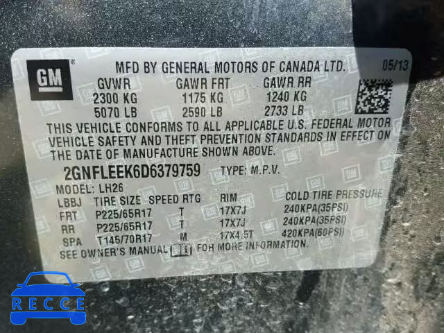 2013 CHEVROLET EQUINOX 2GNFLEEK6D6379759 зображення 9