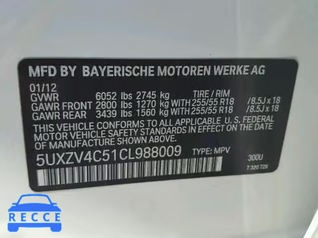 2012 BMW X5 5UXZV4C51CL988009 Bild 9