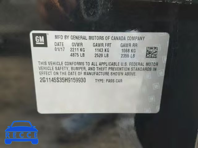 2017 CHEVROLET IMPALA 2G1145S35H9159930 image 9