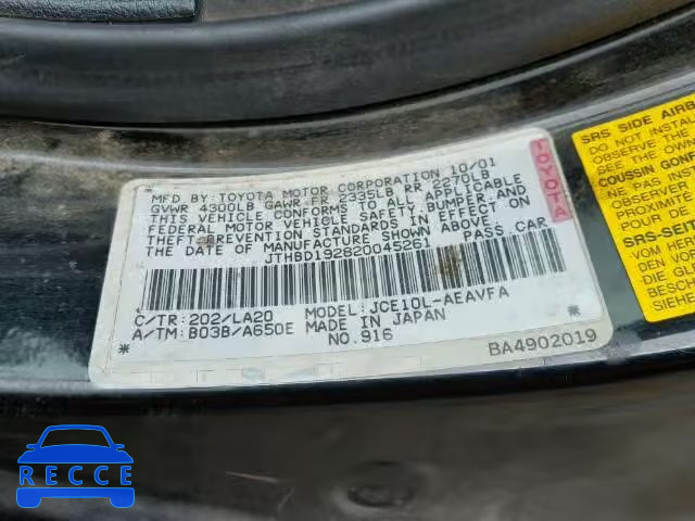 2002 LEXUS IS JTHBD192820045261 image 9