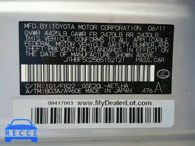 2011 LEXUS IS 250 JTHBF5C25B5152121 image 9