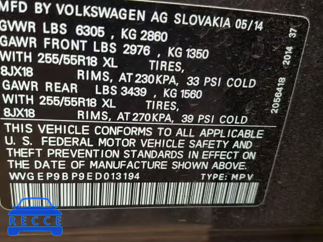 2014 VOLKSWAGEN TOUAREG TD WVGEP9BP9ED013194 зображення 9