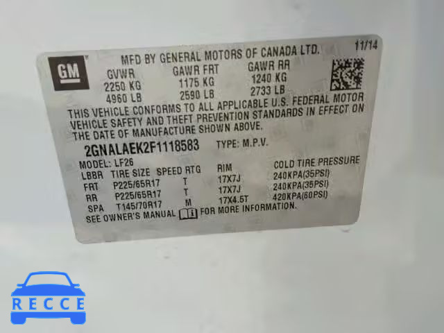 2015 CHEVROLET EQUINOX 2GNALAEK2F1118583 image 9