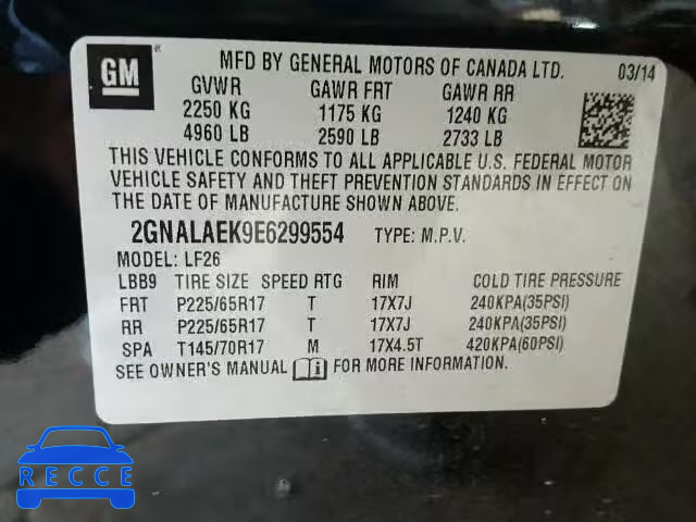 2014 CHEVROLET EQUINOX 2GNALAEK9E6299554 image 9