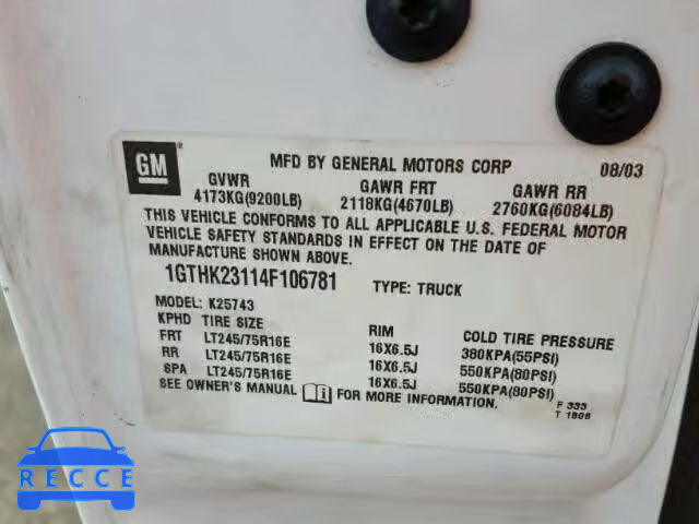 2004 GMC SIERRA 1GTHK23114F106781 image 9