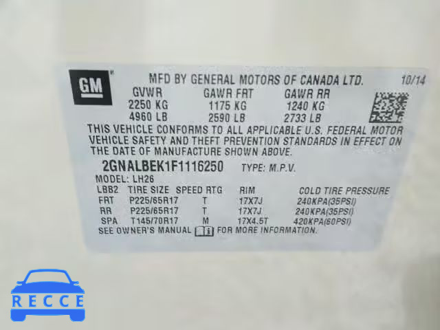 2015 CHEVROLET EQUINOX 2GNALBEK1F1116250 зображення 9