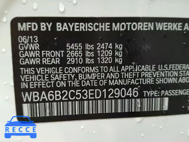 2014 BMW 650I GRAN WBA6B2C53ED129046 зображення 9