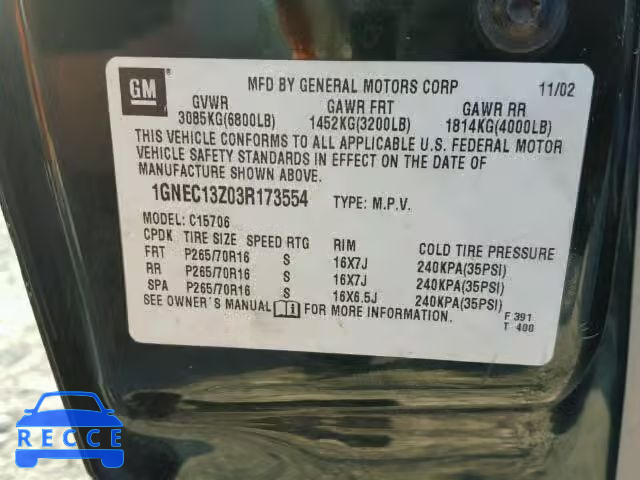 2003 CHEVROLET TAHOE 1GNEC13Z03R173554 image 9