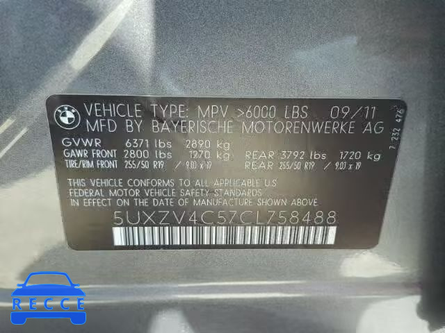 2012 BMW X5 5UXZV4C57CL758488 зображення 9