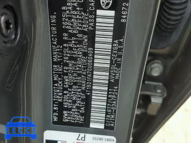 2012 TOYOTA CAMRY 4T1BD1FK7CU060409 image 9