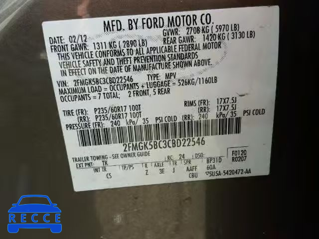 2012 FORD FLEX SE 2FMGK5BC3CBD22546 image 9