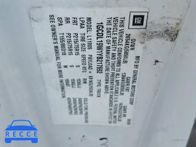 2000 CHEVROLET ASTRO 1GCDL19W1YB217692 image 9