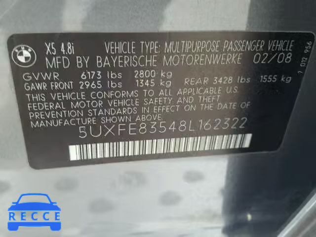 2008 BMW X5 5UXFE83548L162322 зображення 9