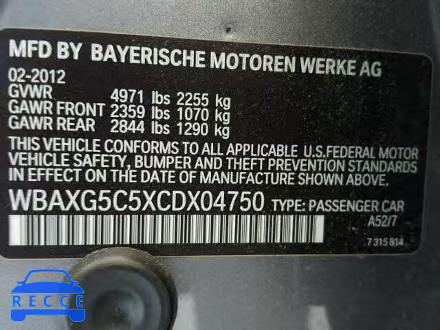 2012 BMW 528 WBAXG5C5XCDX04750 зображення 9