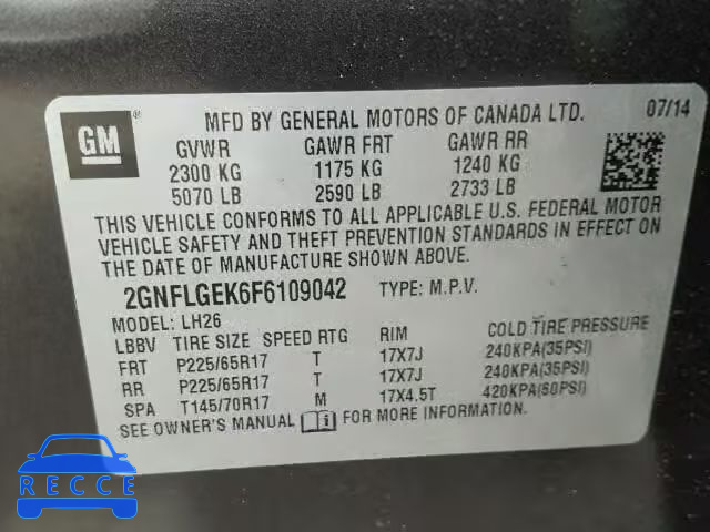 2015 CHEVROLET EQUINOX 2GNFLGEK6F6109042 image 9