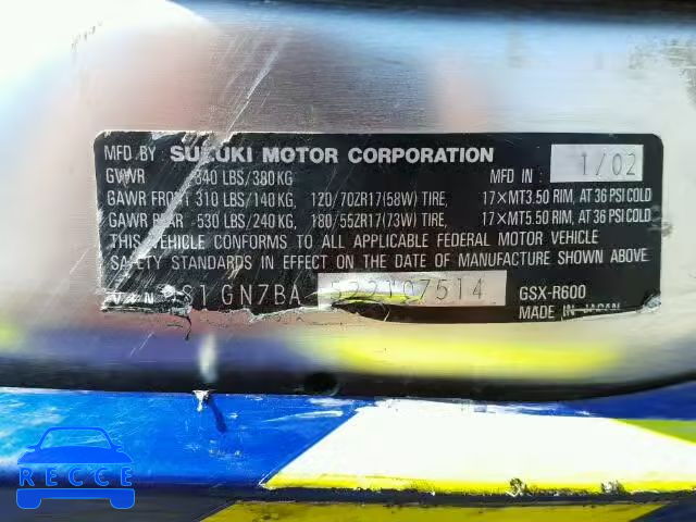 2002 SUZUKI GSX-R600 JS1GN7BA522107514 image 9