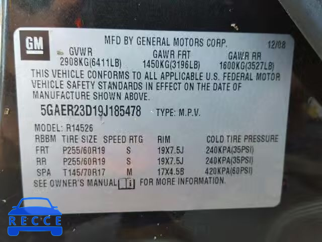 2009 BUICK ENCLAVE 5GAER23D19J185478 image 9