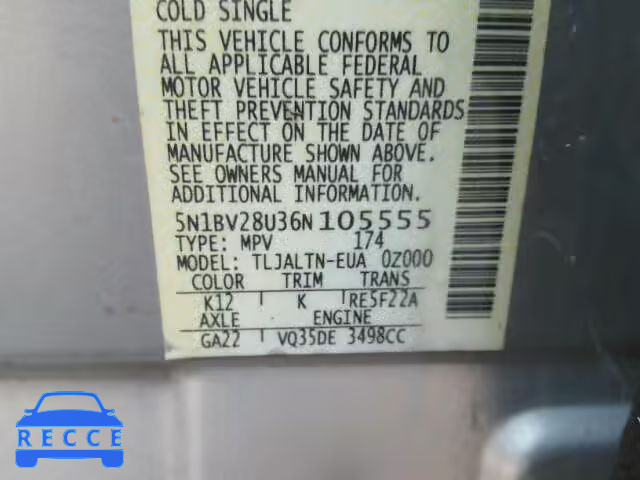 2006 NISSAN QUEST 5N1BV28U36N105555 image 9