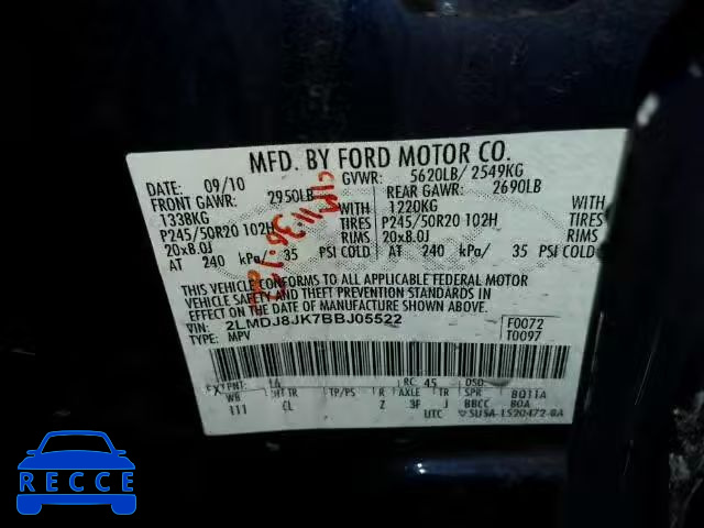 2011 LINCOLN MKX 2LMDJ8JK7BBJ05522 Bild 9